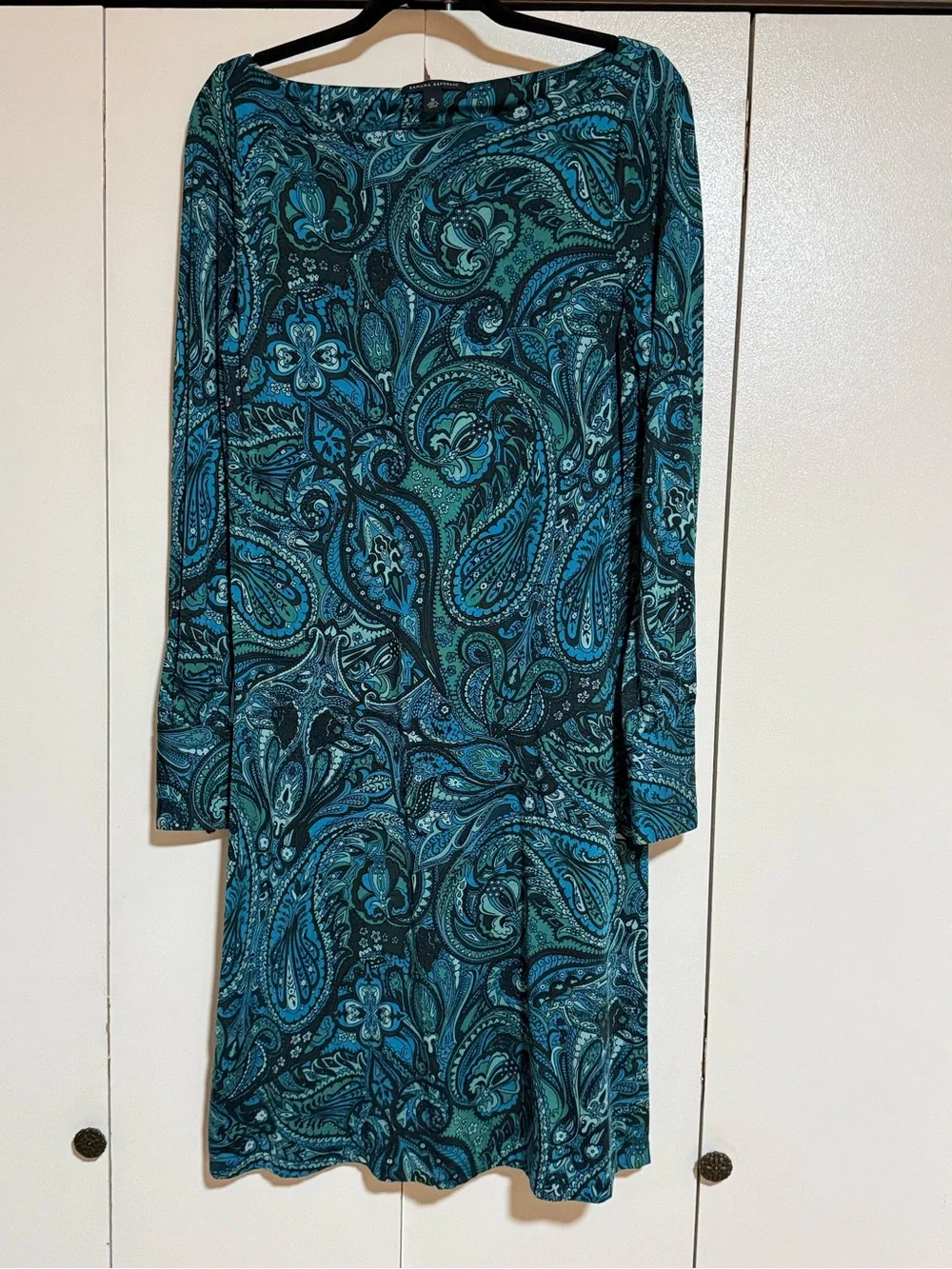 Banana Republic Paisley Shift Dress Teal Blue Long Sleeve Silk Cotton Medium
